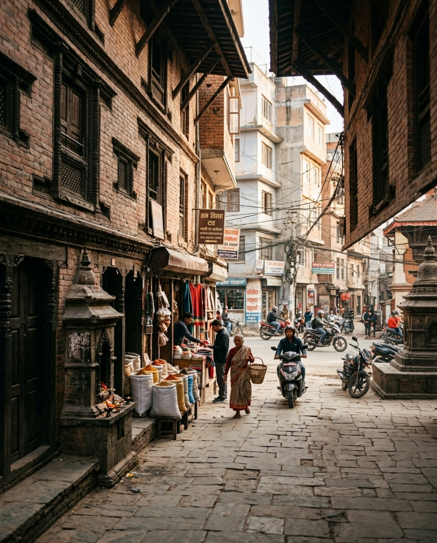 ravel photograph capturing a street scene in Kathmandu, Nepal, illustrating the seamless transition between historic Newari architecture and modern urban life.