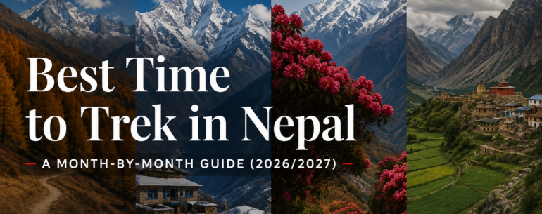 Best Time to Trek in Nepal 2026/2027 featured image showing the four trekking seasons in the Himalayas with the Cold Feet Adventure Nepal Trekking logo.