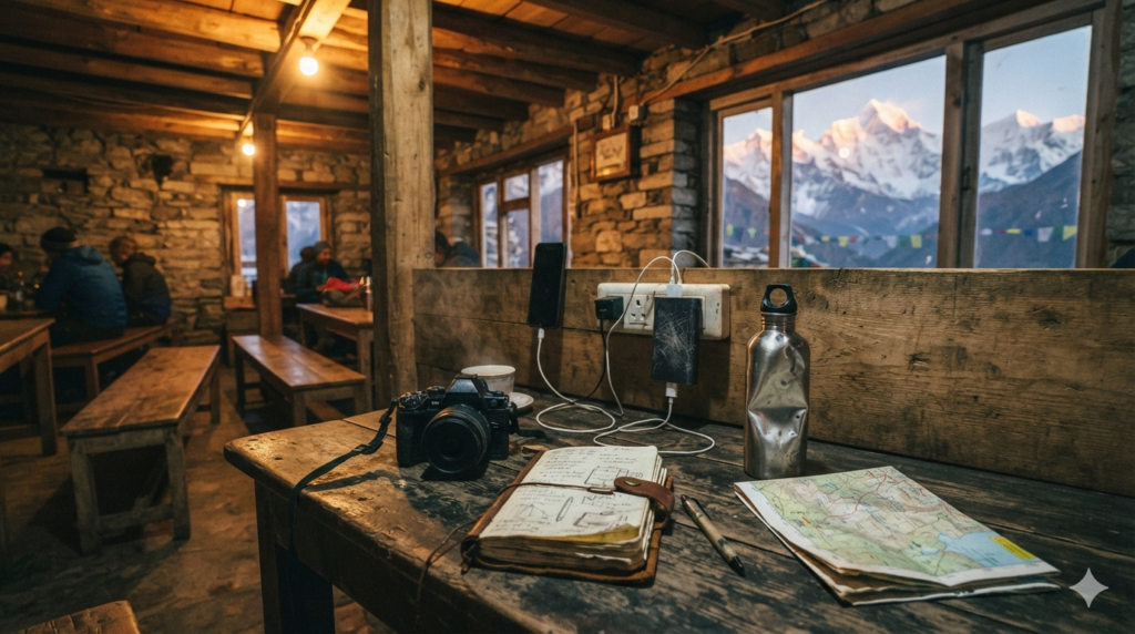 A trekker charging a phone and power bank inside a traditional Himalayan teahouse, with a camera, notebook, reusable water bottle, and snow-covered Himalayan peaks visible through the window.