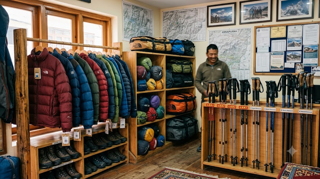 Clean rental sleeping bags, down jackets, trekking poles, and trekking duffel bags neatly arranged inside a professional trekking equipment rental shop in Kathmandu.