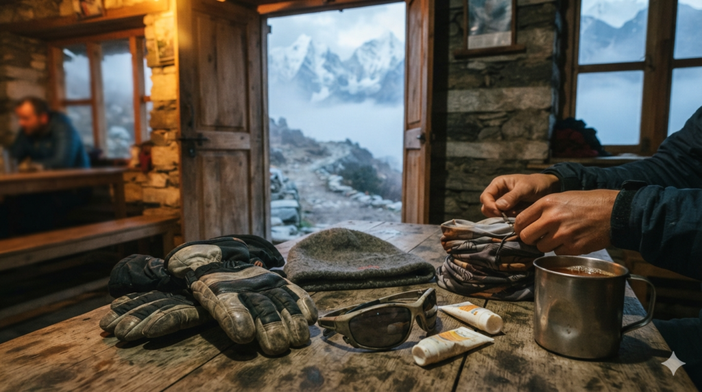 A trekker’s gloves, wool hat, buff, sunglasses and sunscreen arranged on a wooden table inside a Himalayan teahouse before a cold morning trek.