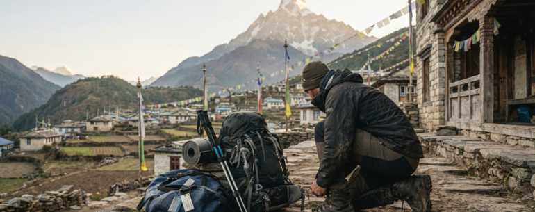Nepal Trekking Packing List. Trekker preparing hiking gear outside a Himalayan teahouse before a trek in Nepal.