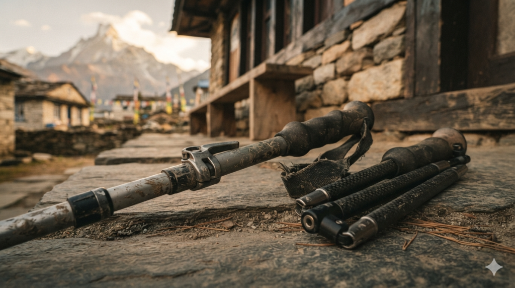 Adjustable aluminium and collapsed carbon fibre trekking poles resting outside a Himalayan teahouse, showing telescopic sections, locking mechanisms, and trekking gear details.