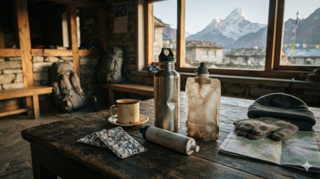 Water purification tablets, a UV purifier, a portable water filter, and a reusable metal water bottle arranged on a wooden table inside a traditional Himalayan teahouse.